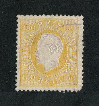 1879/80 - Afinsa nº 51E. D. Luis I fita direita, novas cores. Selo 150 reis usado. AMARELO. Papel porcelana, denteado 13 1/2. Pequena transparência e canto curto.