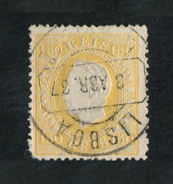 1879/80 - Afinsa nº 51E. D. Luis I fita direita, novas cores. Selo 150 reis usado. AMARELO. Papel porcelana, denteado 13 1/2. Pequena transparência e canto curto.