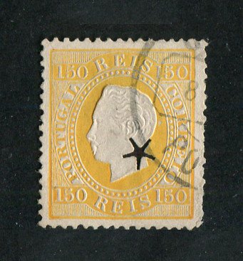 1879/80 - Afinsa nº 51E. D. Luis I fita direita, novas cores.Selo 150 reis usado. AMARELO. Papel porcelana, denteado 13 1/2. Com MARCA TELEGRÁFICA. Tem uma transparência.