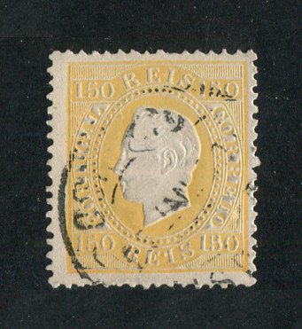 1879/80 - Afinsa nº 51E. D. Luis I fita direita, novas cores. Selo 150 reis usado. AMARELO CLARO. Papel porcelana, denteado 13 1/2. Em boas condições.