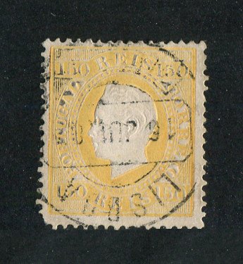 1879/80 - Afinsa nº 51E. D. Luis I fita direita, novas cores. Selo 150 reis usado. AMARELO CLARO. Papel porcelana, denteado 13 1/2. Pequena transparência e canto curto.