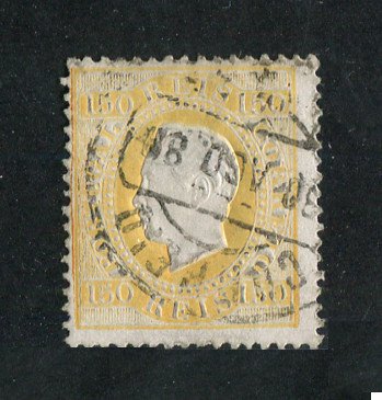 1879/80 - Afinsa nº 51E. D. Luis I fita direita, novas cores. Selo 150 reis usado. AMARELO CLARO. Papel porcelana, denteado 13 1/2. Pequena transparência.