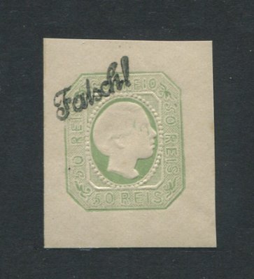 1855/6 - Afinsa nº 8. D. Pedro V, cabelos lisos. SELO FALSO de 50 reis. Com sobrecarga ''FALSCH'' (falso). Com goma. Em boas condições.