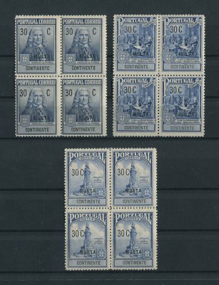 Imposto Postal Porteado - 1925 - Afinsa nº 2/4. Marquês de Pombal (MULTA).Série completa EM QUADRAS. Novas SEM CHARNEIRA (**) e com goma original. (a goma nestes selos é sempre um pouco amarela e irregular mas é normal, foram emitidos assim mesmo).