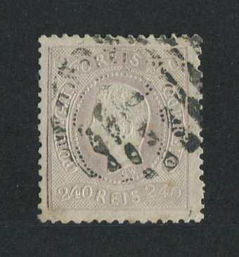 1867/70 - Afinsa nº 35. D. Luís I, fita curva denteado.Selo de 240 reis usado. Cor esbatida e pequena transparência.