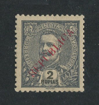 1914 - Afinsa nº 281. D. Carlos I com sobrecarga local REPUBLICA. Selo de 2 rupias novo sem goma como emitido. Em boas condições.