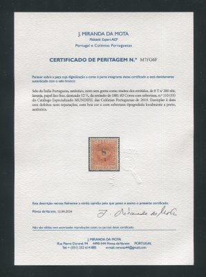 1881- Afinsa nº 110. Coroa com sobretaxa. Selo de 8t/200r novo sem goma como emitido. Denteado 12 1/2. Com CERTIFICADO DE PERITAGEM. Em boas condições.