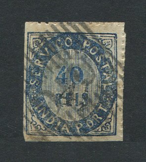 1883 - Afinsa nº 123b. Nativos com sobretaxa. Tipo II. Selo de 4 1/2r/40r usado. AZUL ESCURO. Papel espesso. Com CERTIFICADO DE PERITAGEM. Em boas condições.