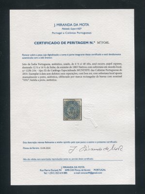 1883 - Afinsa nº 123b. Nativos com sobretaxa. Tipo II. Selo de 4 1/2r/40r usado. AZUL ESCURO. Papel espesso. Com CERTIFICADO DE PERITAGEM. Em boas condições.