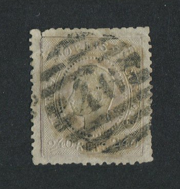 1867/70 - Afinsa nº 35. D. Luís I, fita curva denteado.Selo de 240 reis usado. Cor esbatida e apresenta o cunho partido.