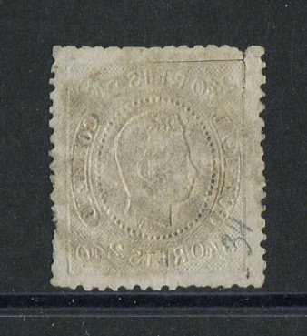 1867/70 - Afinsa nº 35. D. Luís I, fita curva denteado.Selo de 240 reis usado. Cor esbatida e apresenta o cunho partido.
