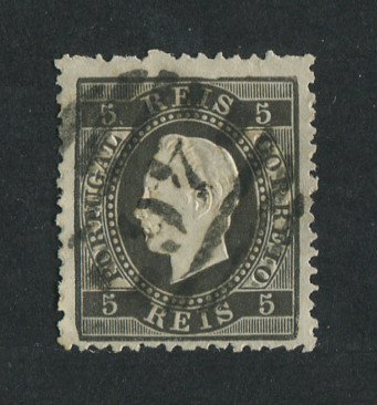 1870/6 - Afinsa nº 36. D. Luis I, fita direita. Selo de 5 reis usado. Papel liso, denteado 12 1/2. Em boas condições.