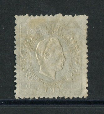 1870/6 - Afinsa nº 36. D. Luis I, fita direita. Selo de 5 reis usado. Papel liso, denteado 12 1/2. Em boas condições.