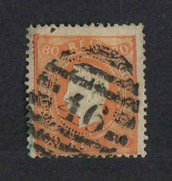 1867/70 - Afinsa nº 32. D. Luís I, fita curva denteado. Selo de 80 reis usado. Em boas condições.