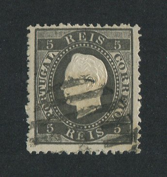 1870/6 - Afinsa nº 36. D. Luis I, fita direita. Selo de 5 reis usado. Papel liso, denteado 12 1/2. Em boas condições.