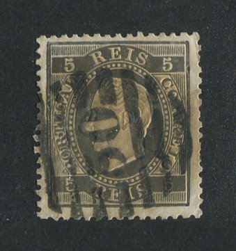 1870/6 - Afinsa nº 36. D. Luis I, fita direita. Selo de 5 reis usado. Papel liso, denteado 12 1/2. Carimbo nº 50 - Braga (2ª Reforma). Em boas condições.