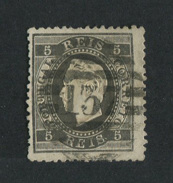 1870/6 - Afinsa nº 36. D. Luis I, fita direita. Selo de 5 reis usado. Papel liso, denteado 12 1/2. Carimbo nº 137 - Guarda (2ª Reforma). Em boas condições.