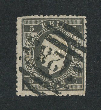 1870/6 - Afinsa nº 36. D. Luis I, fita direita.Selo de 5 reis usado. Papel liso, denteado 12 1/2. Carimbo nº 128 - Vinhais (2ª Reforma). Denteado irregular.