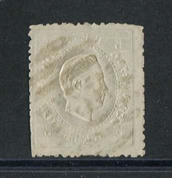 1870/6 - Afinsa nº 36. D. Luis I, fita direita.Selo de 5 reis usado. Papel liso, denteado 12 1/2. Carimbo nº 128 - Vinhais (2ª Reforma). Denteado irregular.