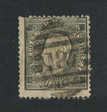 1870/6 - Afinsa nº 36. D. Luis I, fita direita.Selo de 5 reis usado. Papel liso, denteado 12 1/2. Carimbo nº 187 - Tomar (2ª Reforma). Denteado irregular.