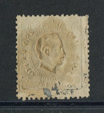 1870/6 - Afinsa nº 36. D. Luis I, fita direita.Selo de 5 reis usado. Papel liso, denteado 12 1/2. Carimbo nº 187 - Tomar (2ª Reforma). Denteado irregular.