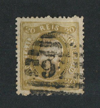 1867/70 - Afinsa nº 29. D. Luís I, fita curva denteado.Selo de 20 reis usado. Carimbo nº 97 - Mealhada (2ª Reforma). Apresenta o cunho ligeiramente aberto.