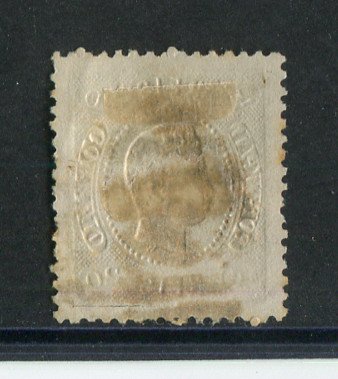 1867/70 - Afinsa nº 29. D. Luís I, fita curva denteado.Selo de 20 reis usado. Carimbo nº 97 - Mealhada (2ª Reforma). Apresenta o cunho ligeiramente aberto.