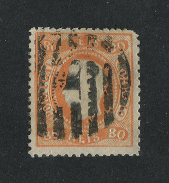 1867/70 - Afinsa nº 32. D. Luís I, fita curva denteado.Selo de 80 reis usado. Canto curto.