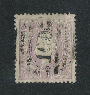 1867/70 - Afinsa nº 33. D. Luís I, fita curva denteado. Selo de 100 reis usado. Carimbo nº 100 - Ovar (2ª Reforma). Em boas condições.