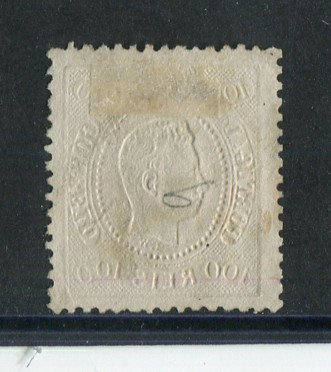 1867/70 - Afinsa nº 33. D. Luís I, fita curva denteado. Selo de 100 reis usado. Carimbo nº 100 - Ovar (2ª Reforma). Em boas condições.