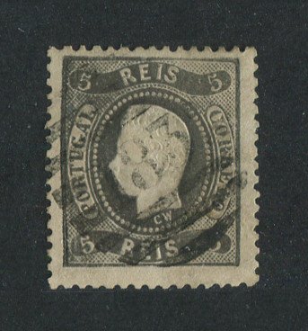 1867/70 - Afinsa nº 27. D. Luís I, fita curva denteado. Selo de 5 reis usado. Carimbo nº 183 - Portalegre (2ª reforma). Em boas condições.