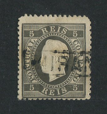 1870/6 - Afinsa nº 36. D. Luis I, fita direita.Selo de 5 reis usado. Papel liso, denteado 12 1/2. Com Carimbo Nominativo de Mirandela. Apresenta dois cantos curtos.