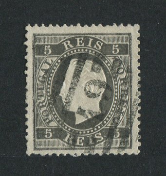 1870/6 - Afinsa nº 36N. D. Luis I, fita direita. Selo de 5 reis usado. Papel liso denteado 13 1/2. Carimbo nº 49 - Barcelos (2ª Reforma). Em boas condições.