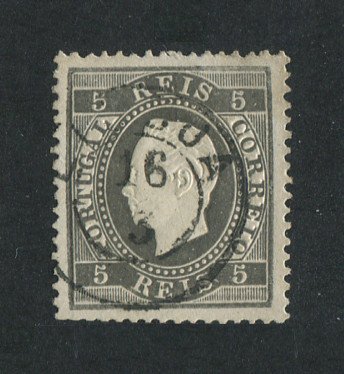 1870/6 - Afinsa nº 36N. D. Luis I, fita direita. Selo de 5 reis usado. Papel liso denteado 13 1/2. Em boas condições.