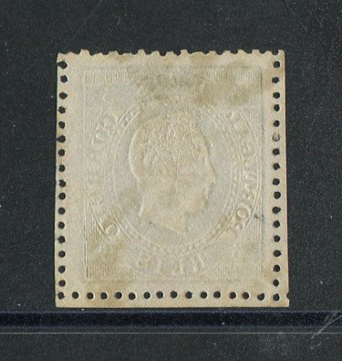 1870/6 - Afinsa nº 36N. D. Luis I, fita direita. Selo de 5 reis usado. Papel liso denteado 13 1/2. Em boas condições.