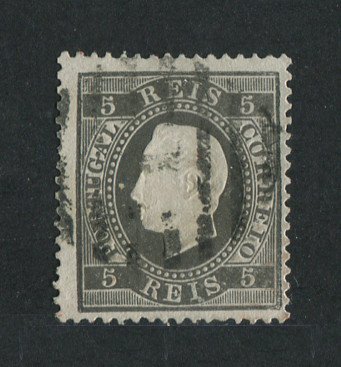 1870/6 - Afinsa nº 36N. D. Luis I, fita direita. Selo de 5 reis usado. Papel liso denteado 13 1/2. Em boas condições.