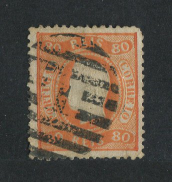 1867/70 - Afinsa nº 32. D. Luís I, fita curva denteado.Selo de 80 reis usado. Canto curto.