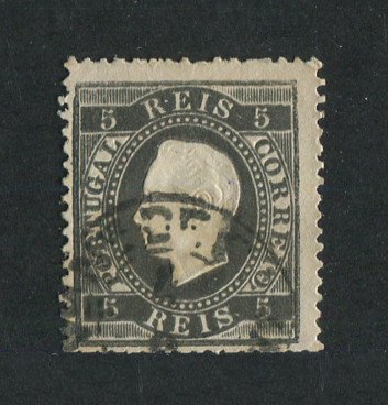 1870/6 - Afinsa nº 36N. D. Luis I, fita direita.Selo de 5 reis usado. Papel liso denteado 13 1/2. Denteado irregular.