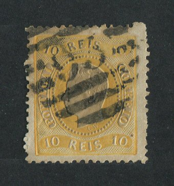1867/70 - Afinsa nº 28. D. Luís I, fita curva denteado.Selo de 10 reis usado. Carimbo nº 93 - Figueira da Foz (2ª Reforma). Apresenta um vinco.