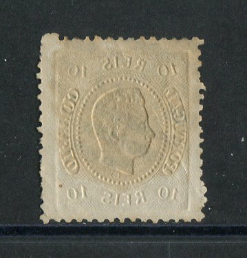 1867/70 - Afinsa nº 28. D. Luís I, fita curva denteado.Selo de 10 reis usado. Carimbo nº 93 - Figueira da Foz (2ª Reforma). Apresenta um vinco.