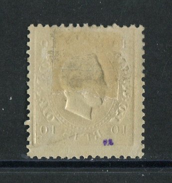 1870/6 - Afinsa nº 37. D. Luis I, fita direita. Selo de 10 reis NOVO COM CHARNEIRA (*) e goma original. Papel liso, denteado 12 1/2. Tem uma transparência.
