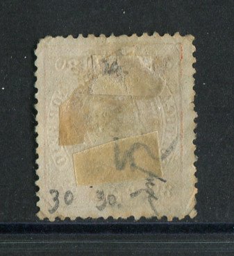 1867/70 - Afinsa nº 32. D. Luís I, fita curva denteado.Selo de 80 reis usado. Canto curto.