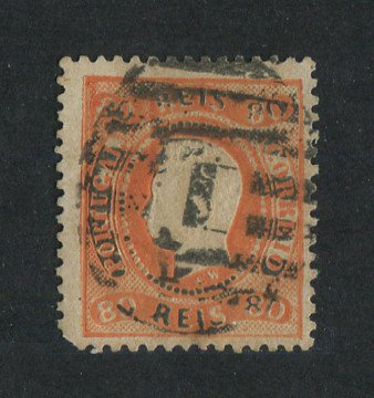 1867/70 - Afinsa nº 32. D. Luís I, fita curva denteado.Selo de 80 reis usado. Canto curto.