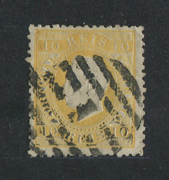 1870/6 - Afinsa nº 37. D. Luis I, fita direita.Selo de 10 reis usado. Papel liso, denteado 12 1/2. Apresenta um vinco.