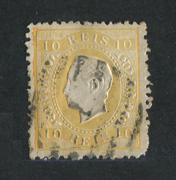 1870/6 - Afinsa nº 37. D. Luis I, fita direita.Selo de 10 reis usado. Papel liso, denteado 12 1/2. Canto curto.