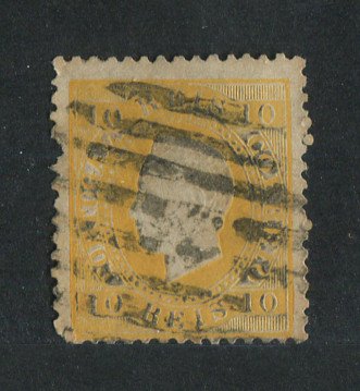 1870/6 - Afinsa nº 37. D. Luis I, fita direita.Selo de 10 reis usado. Papel liso, denteado 12 1/2. Com CARIMBO MUDO. Denteado irregular.