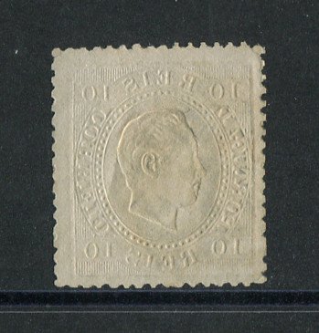 1870/6 - Afinsa nº 37C. D. Luis I, fita direita. Selo de 10 reis usado. Papel liso, denteado 13 1/2. Em boas condições.