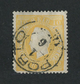 1870/6 - Afinsa nº 37C. D. Luis I, fita direita.Selo de 10 reis usado. Papel liso, denteado 13 1/2. Canto curto.