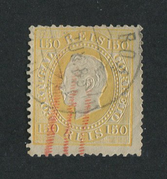 1870/6 - Afinsa nº 37C. D. Luis I, fita direita.Selo de 10 reis usado. Papel liso, denteado 13 1/2. Com MARCA TELEGRÁFICA A VERMELHO. Apresenta um pequeno corte na margem esquerda.