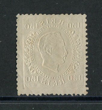 1870/6 - Afinsa nº 37C. D. Luis I, fita direita.Selo de 10 reis usado. Papel liso, denteado 13 1/2. Com MARCA TELEGRÁFICA A VERMELHO. Apresenta um pequeno corte na margem esquerda.